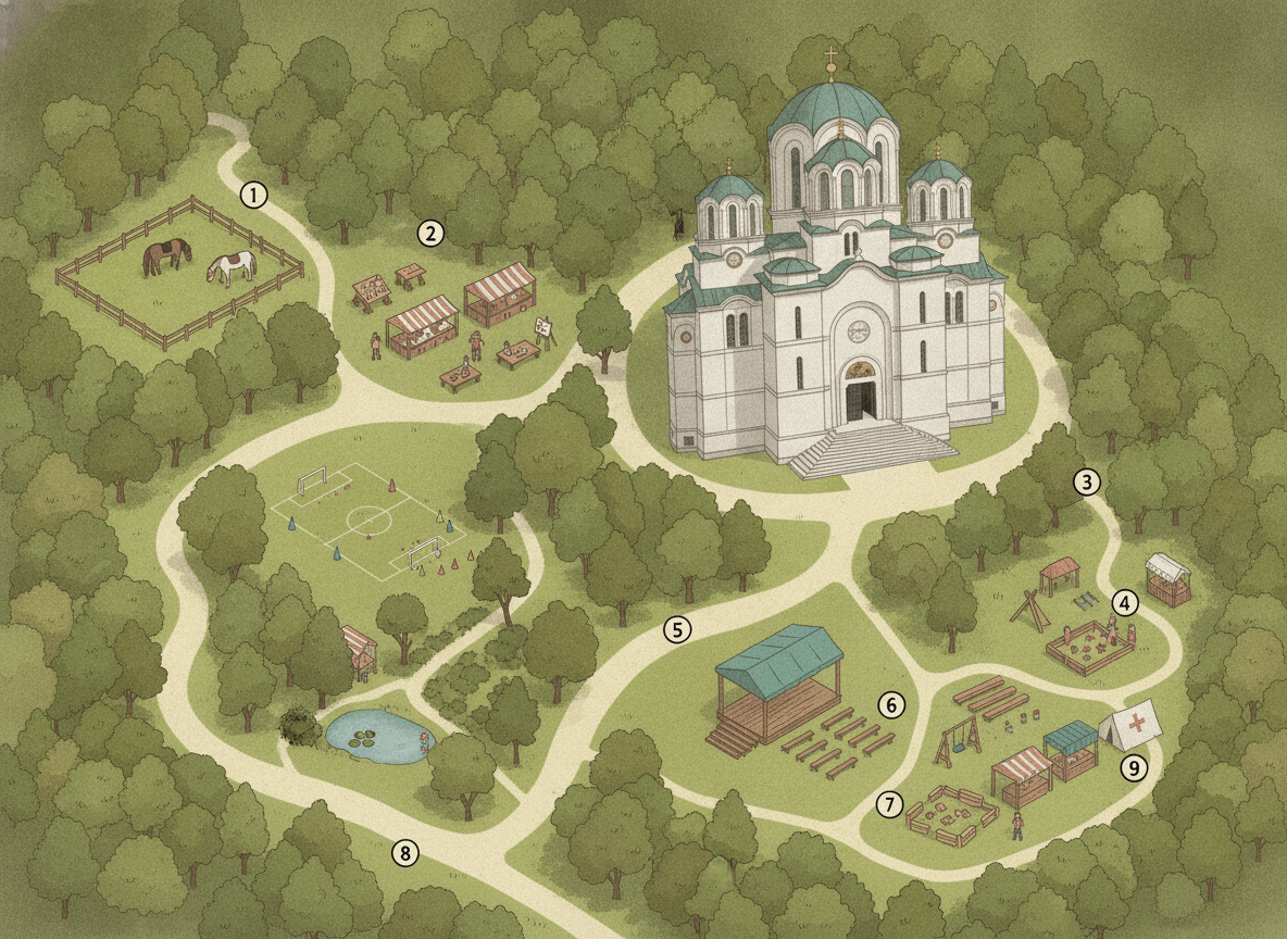 Ilustrovana mapa festivala: crkva Svetog Đorđa u sredini, staze kroz hrastovu šumu i devet obeleženih zona