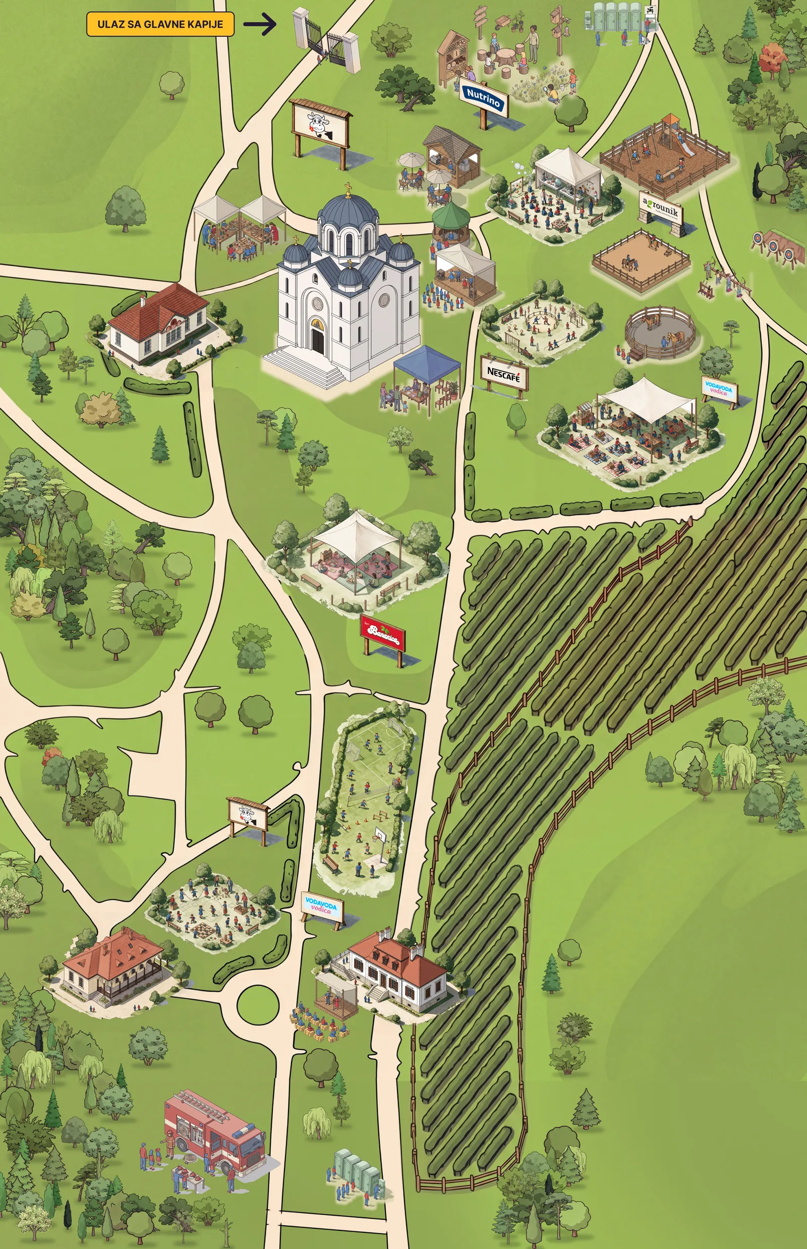 Ilustrovana mapa Oplenca: crkva Svetog Đorđa, vile, vinograd i staze kroz park